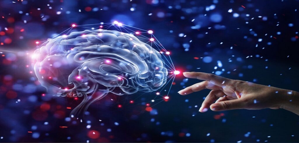 Hand touching brain and network connection on glitter bright lights colorful background